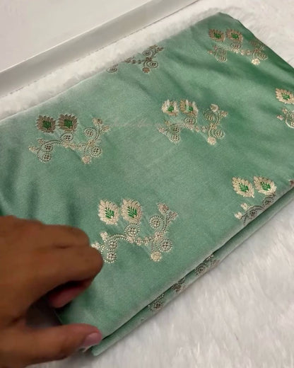Bahula - Mint Green Banarasi Silk Saree with Zari Floral Weave