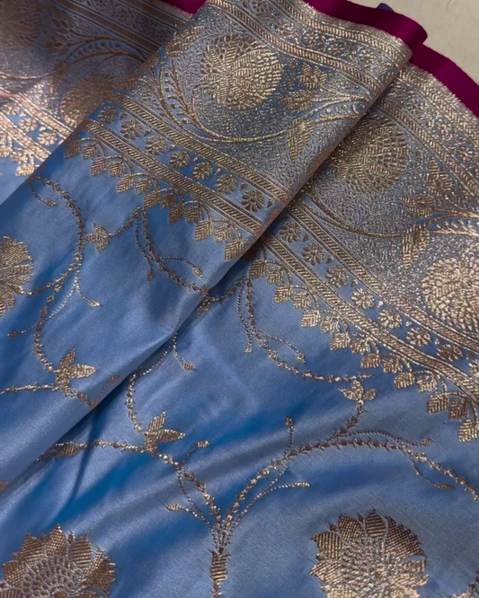 Blue Soft Semi Katan Silk Saree with Golden Zari Weaving