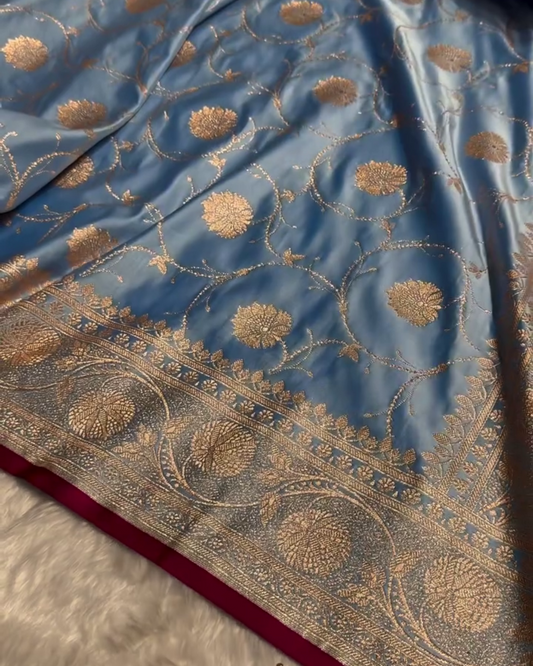 Blue Soft Semi Katan Silk Saree with Golden Zari Weaving