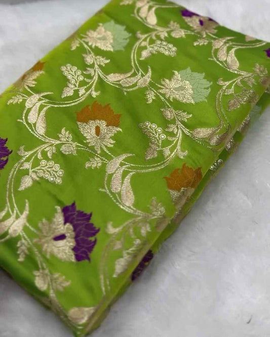 Chandrika – Green Banarasi Mashru Satin Silk Saree with Multicolor Floral Zari Weave