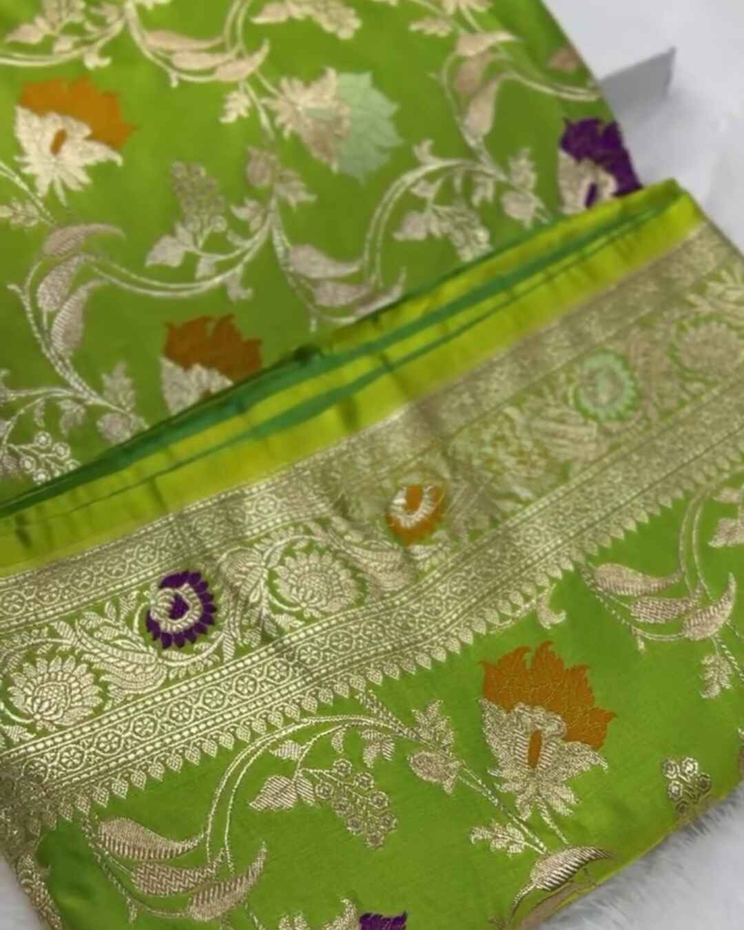 Chandrika – Green Banarasi Mashru Satin Silk Saree with Multicolor Floral Zari Weave