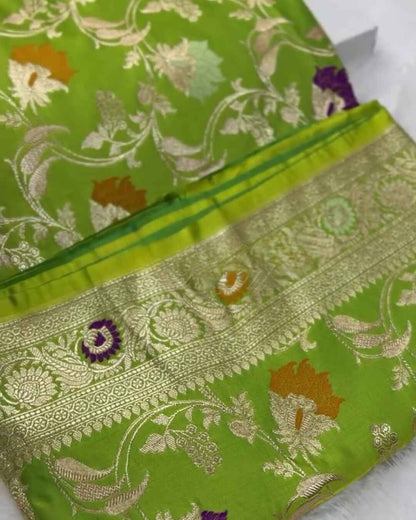 Chandrika – Green Banarasi Mashru Satin Silk Saree with Multicolor Floral Zari Weave
