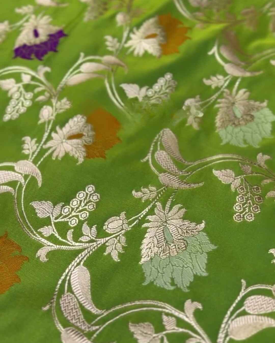 Chandrika – Green Banarasi Mashru Satin Silk Saree with Multicolor Floral Zari Weave