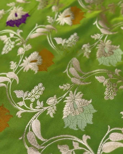 Chandrika – Green Banarasi Mashru Satin Silk Saree with Multicolor Floral Zari Weave