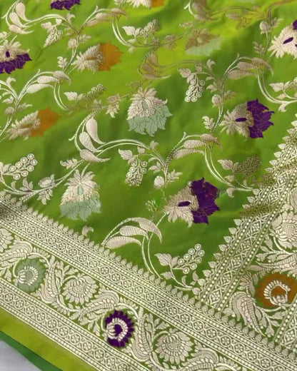 Chandrika – Green Banarasi Mashru Satin Silk Saree with Multicolor Floral Zari Weave