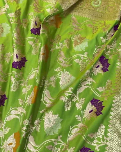 Chandrika – Green Banarasi Mashru Satin Silk Saree with Multicolor Floral Zari Weave