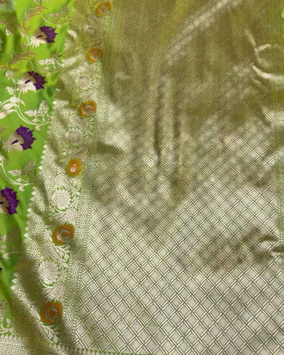 Chandrika – Green Banarasi Mashru Satin Silk Saree with Multicolor Floral Zari Weave