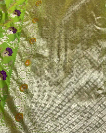 Chandrika – Green Banarasi Mashru Satin Silk Saree with Multicolor Floral Zari Weave