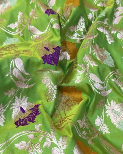 Chandrika – Green Banarasi Mashru Satin Silk Saree with Multicolor Floral Zari Weave