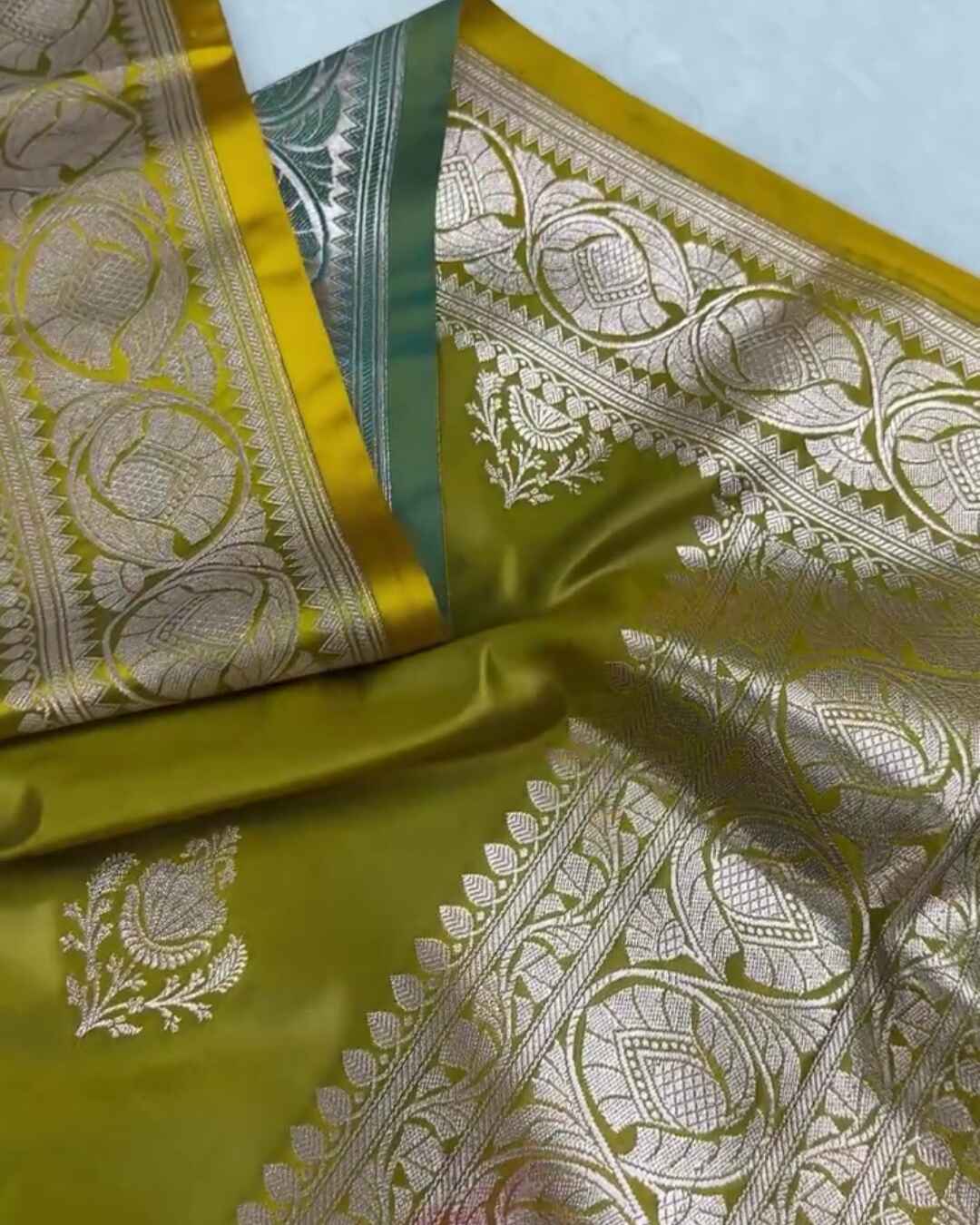 Aasha – Mustard Yellow Mashru Silk Saree with Silver Zari Paisley Border