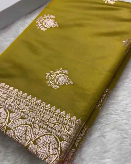 Aasha – Mustard Yellow Mashru Silk Saree with Silver Zari Paisley Border