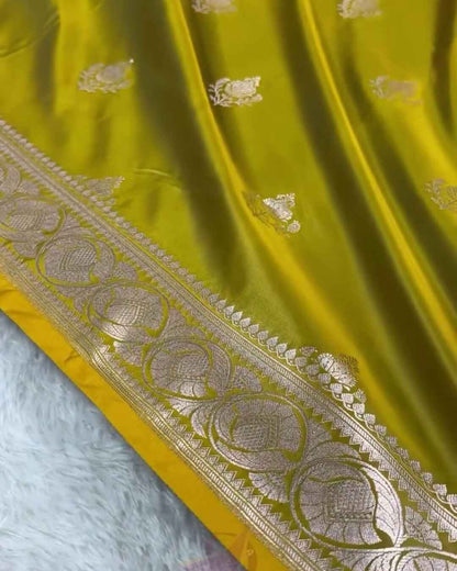 Aasha – Mustard Yellow Mashru Silk Saree with Silver Zari Paisley Border