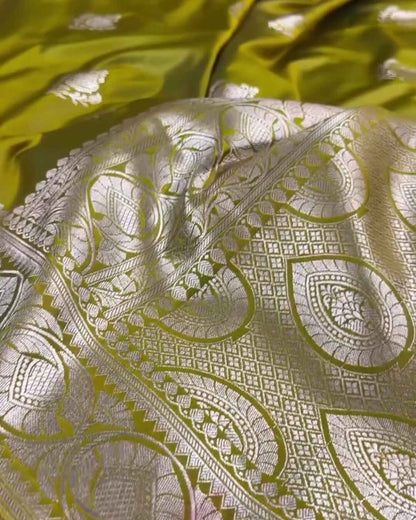 Aasha – Mustard Yellow Mashru Silk Saree with Silver Zari Paisley Border