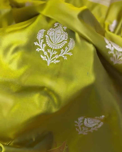 Aasha – Mustard Yellow Mashru Silk Saree with Silver Zari Paisley Border