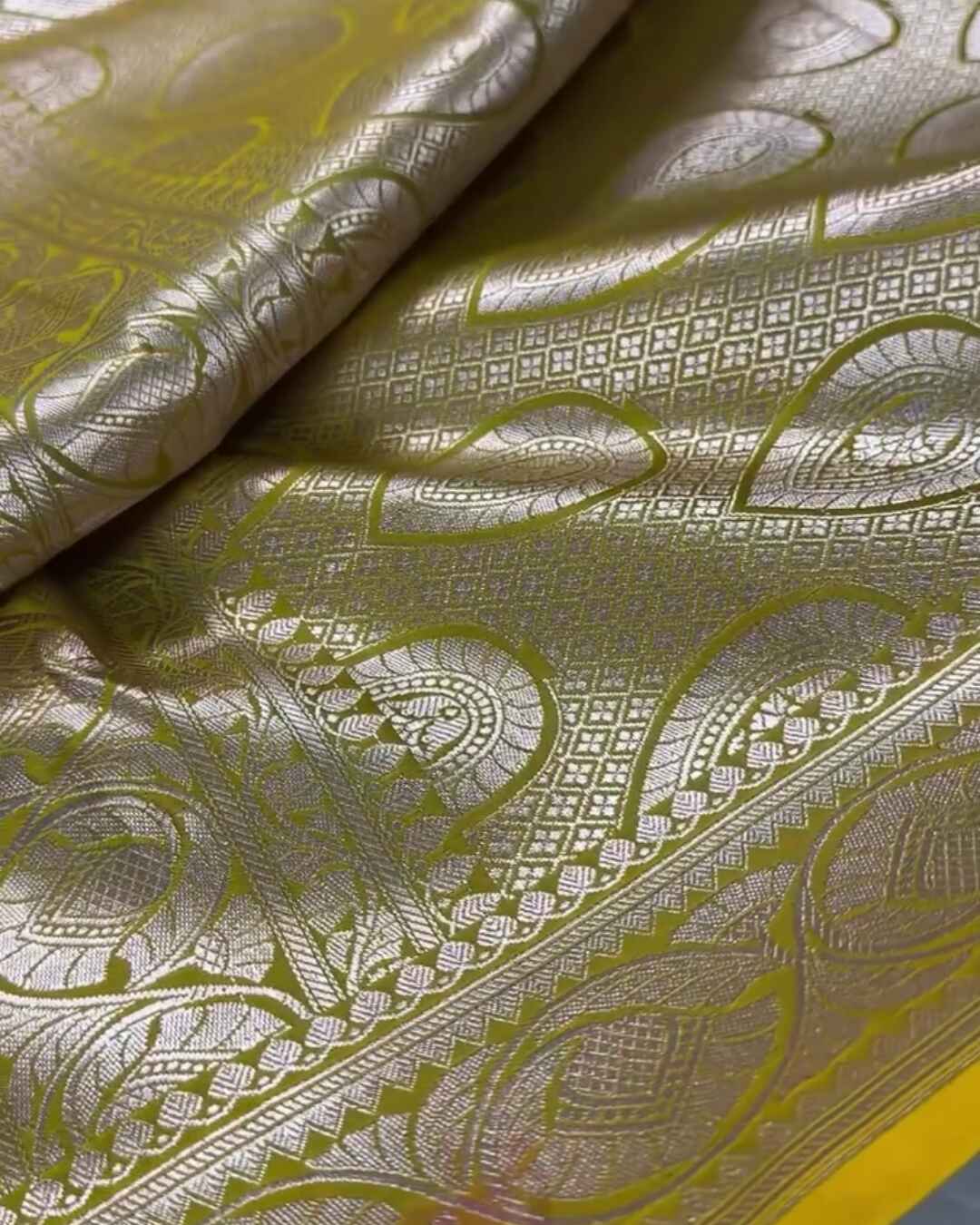 Aasha – Mustard Yellow Mashru Silk Saree with Silver Zari Paisley Border
