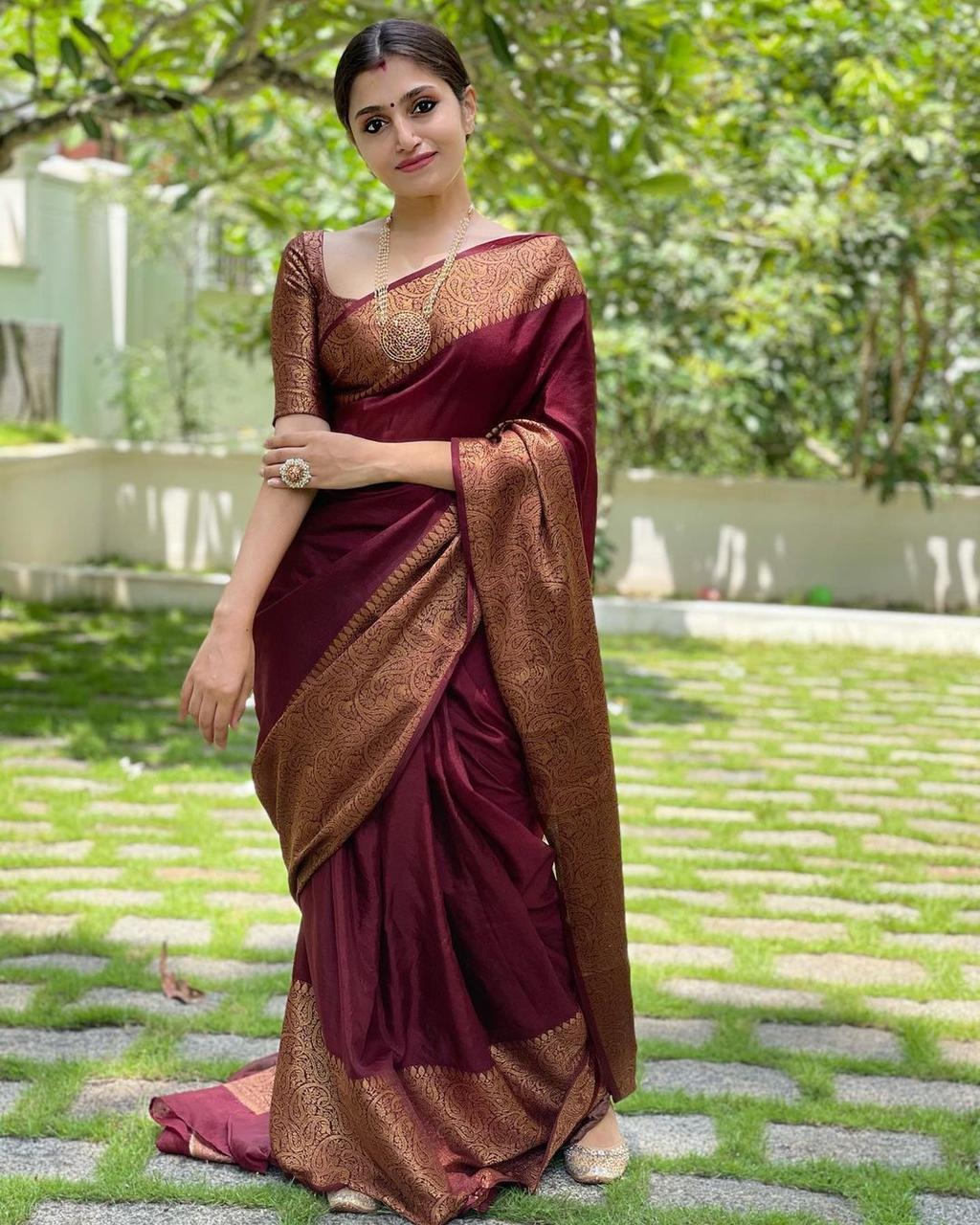 Nayira - Maroon Blue Soft Silk Saree with Silver Zari Border and Matching Blouse