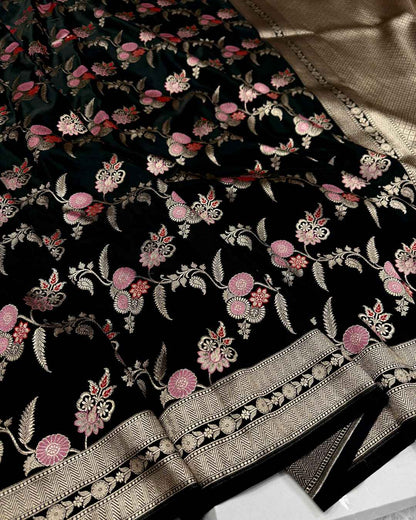 Damayanti – Black Mashru Katan Silk Saree with Floral Zari Weave and Golden Border