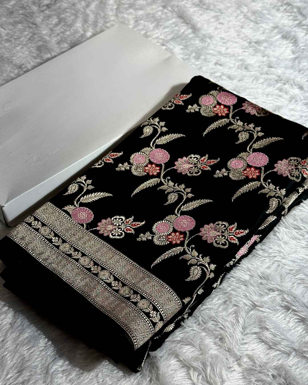 Damayanti – Black Mashru Katan Silk Saree with Floral Zari Weave and Golden Border