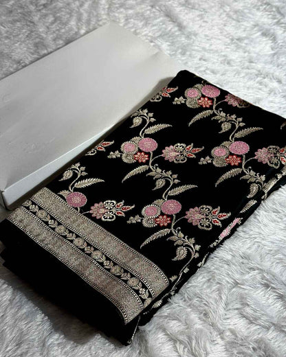 Damayanti – Black Mashru Katan Silk Saree with Floral Zari Weave and Golden Border