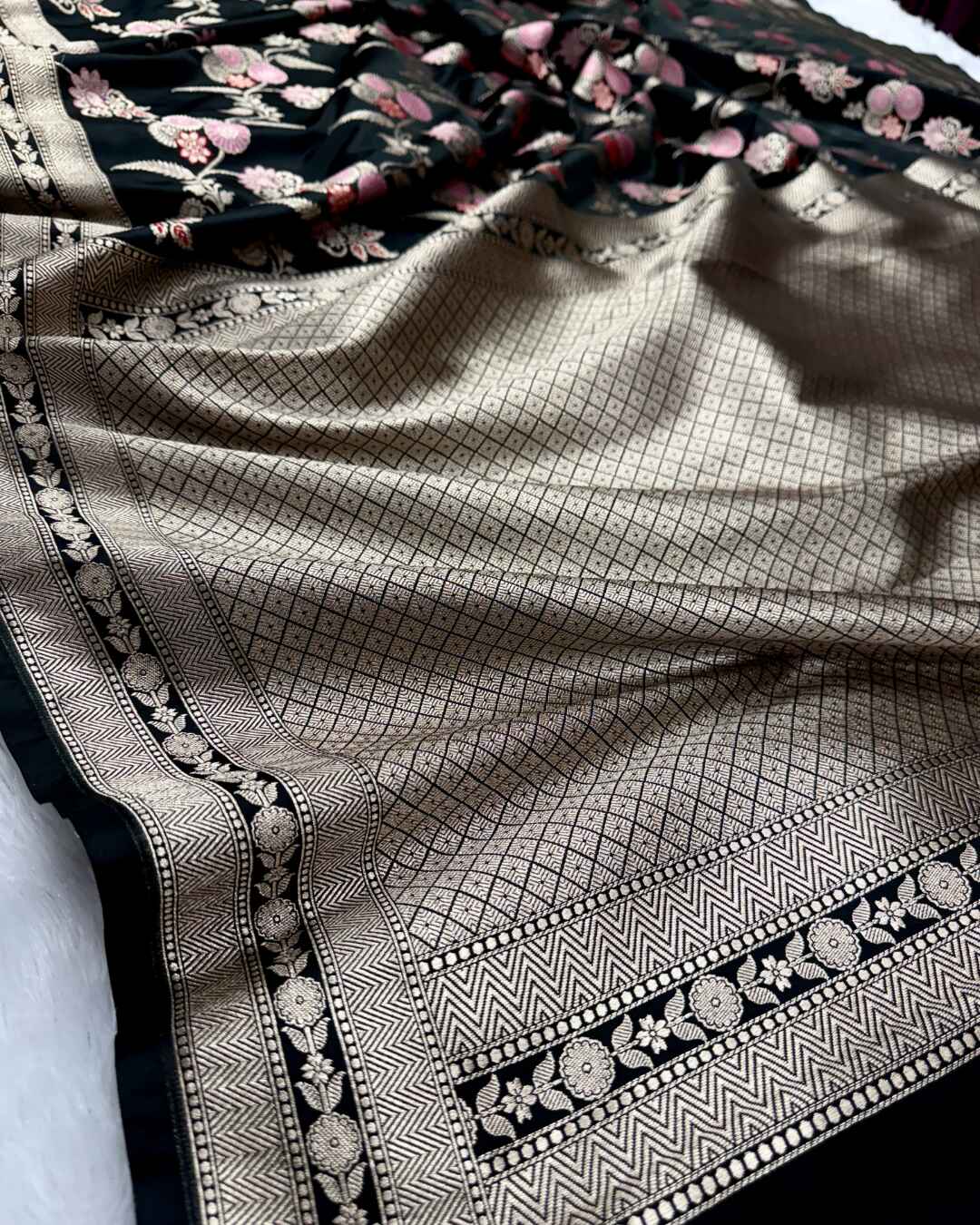 Damayanti – Black Mashru Katan Silk Saree with Floral Zari Weave and Golden Border