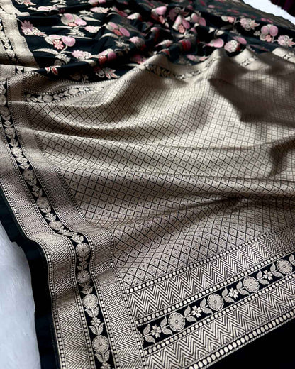 Damayanti – Black Mashru Katan Silk Saree with Floral Zari Weave and Golden Border