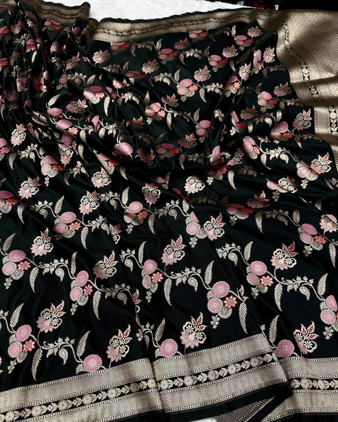 Damayanti – Black Mashru Katan Silk Saree with Floral Zari Weave and Golden Border