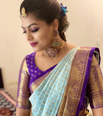 Nirmala - Firozi Soft Banarasi Silk Saree with Purple Jacquard Blouse