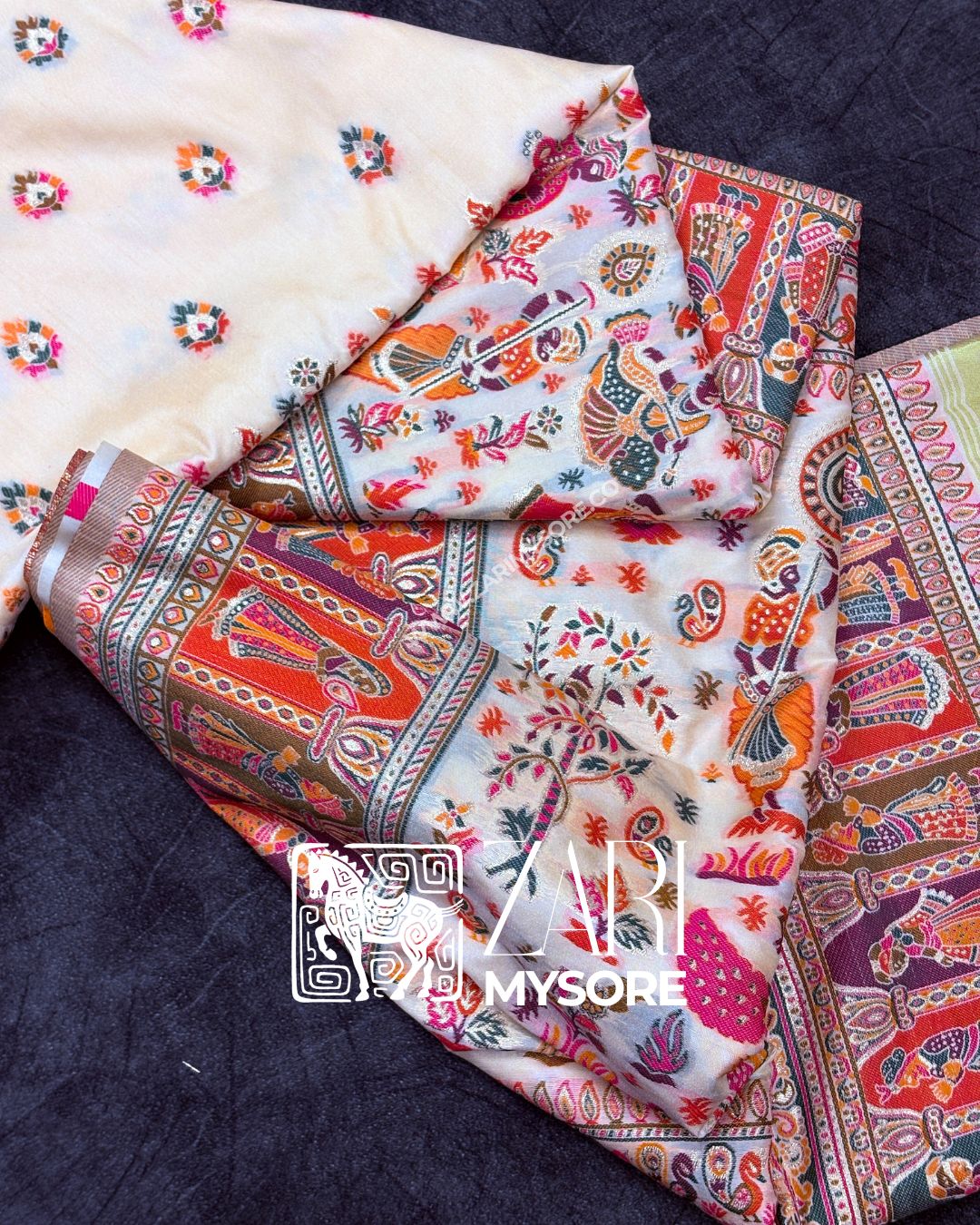 Kairavi - Ivory Kani Silk Cotton Saree with Traditional Motifs and Contrast Border