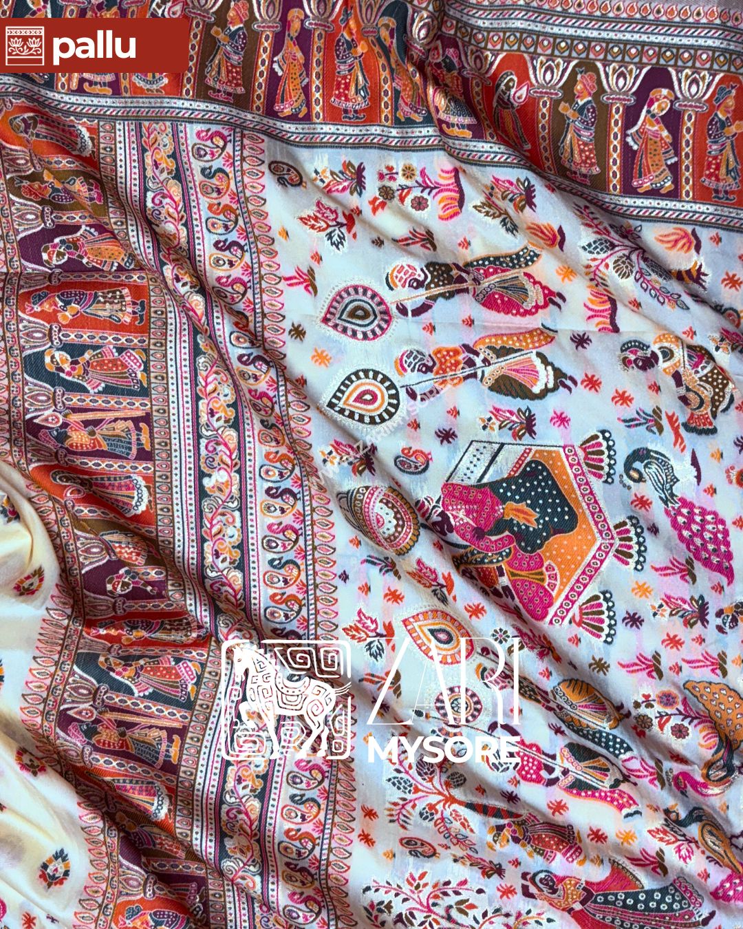 Kairavi - Ivory Kani Silk Cotton Saree with Traditional Motifs and Contrast Border