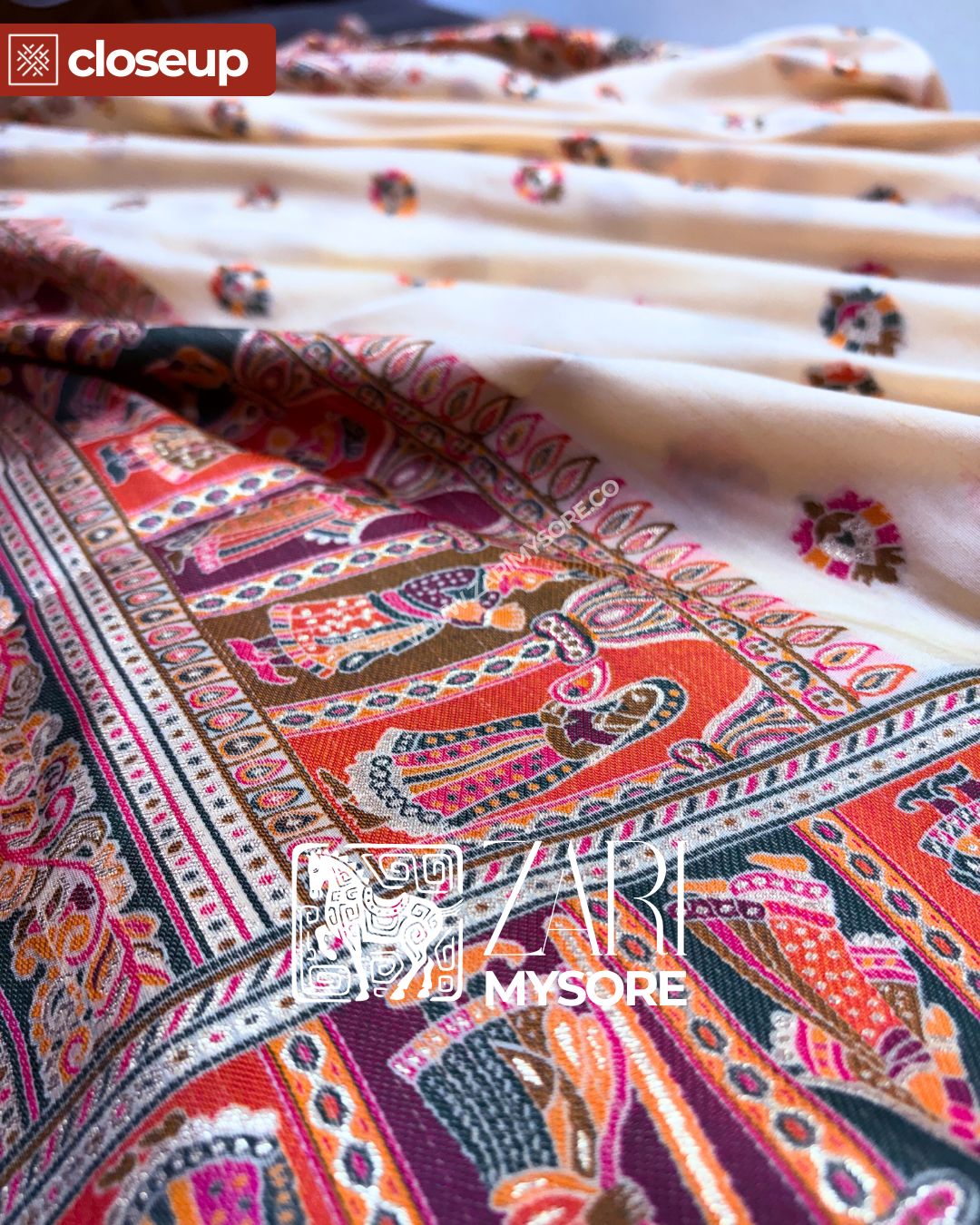 Kairavi - Ivory Kani Silk Cotton Saree with Traditional Motifs and Contrast Border