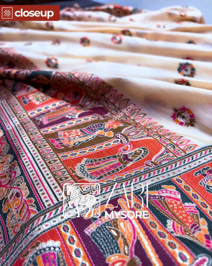 Kairavi - Ivory Kani Silk Cotton Saree with Traditional Motifs and Contrast Border