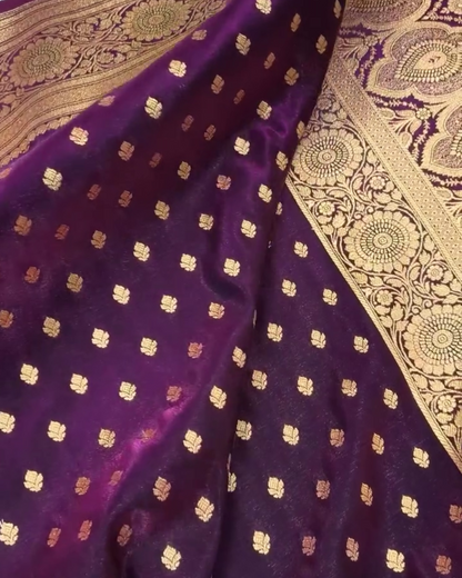 Kamalini – Purple Banarasi Satin Silk Saree with Zari Woven Floral Border