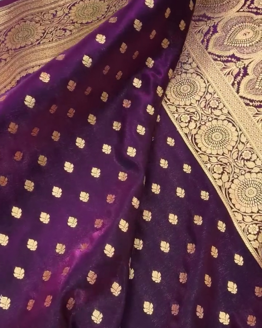 Kamalini – Purple Banarasi Satin Silk Saree with Zari Woven Floral Border