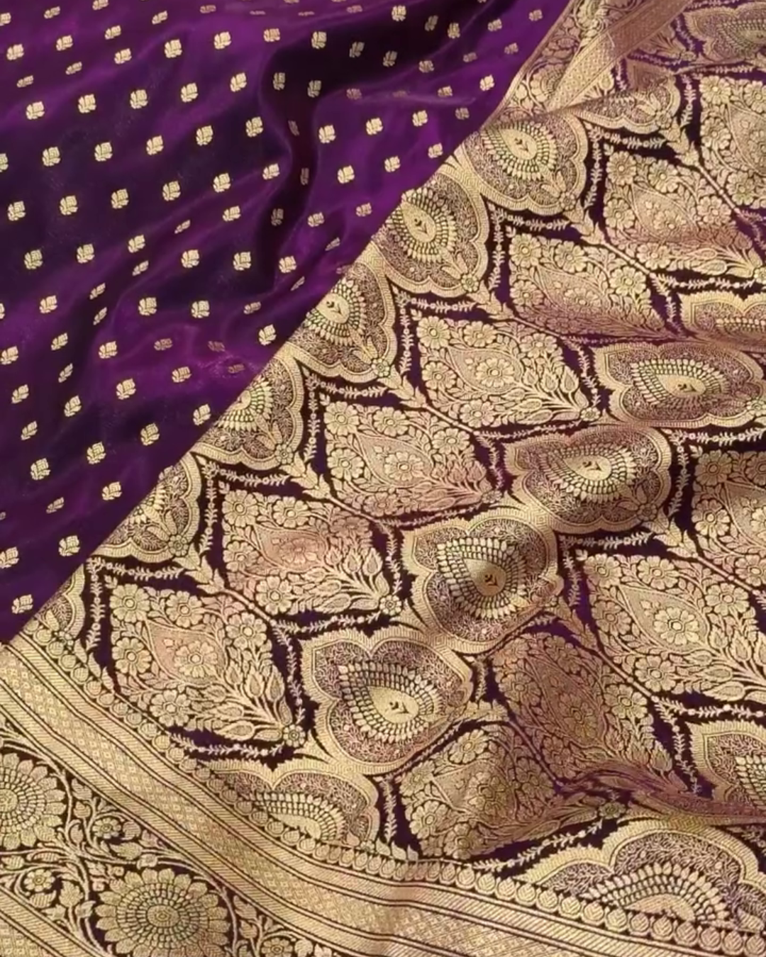 Kamalini – Purple Banarasi Satin Silk Saree with Zari Woven Floral Border