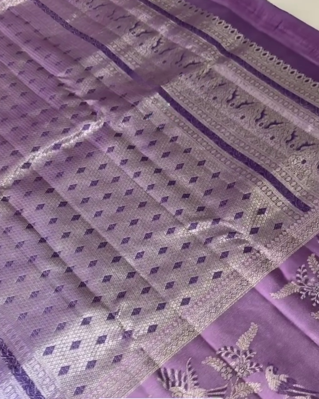 Lajvanti – Purple Kanchi Silk Saree with Silver Zari & Bird Motif Weave