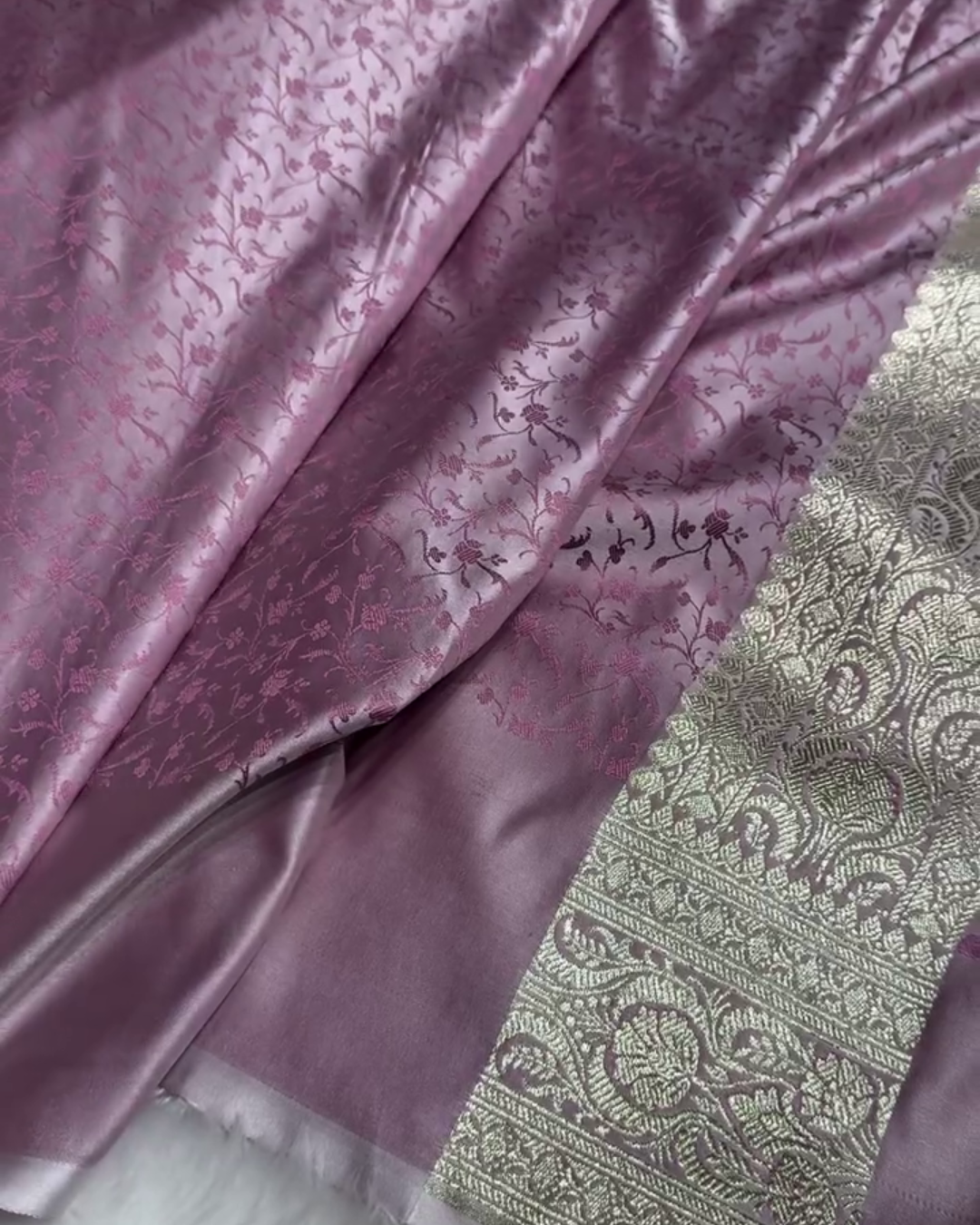 Lavender Tanchoi Satin Katan Silk Saree with Floral Zari Border