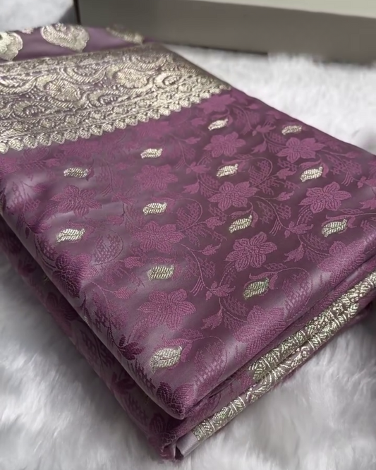 Lavender Tanchoi Satin Katan Silk Saree with Floral Zari Border