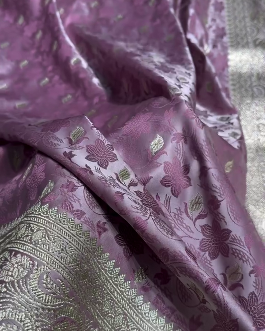 Lavender Tanchoi Satin Katan Silk Saree with Floral Zari Border