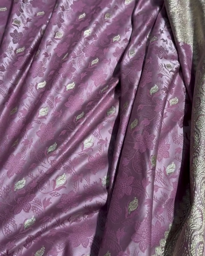 Lavender Tanchoi Satin Katan Silk Saree with Floral Zari Border