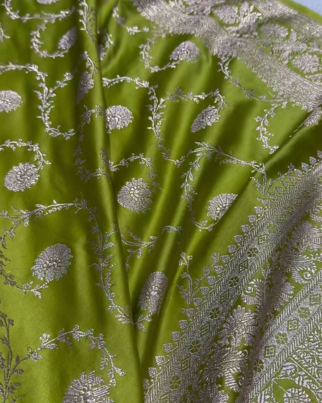 Mahasweta - Green Katan Silk Saree with Silver Zari Floral Jaal