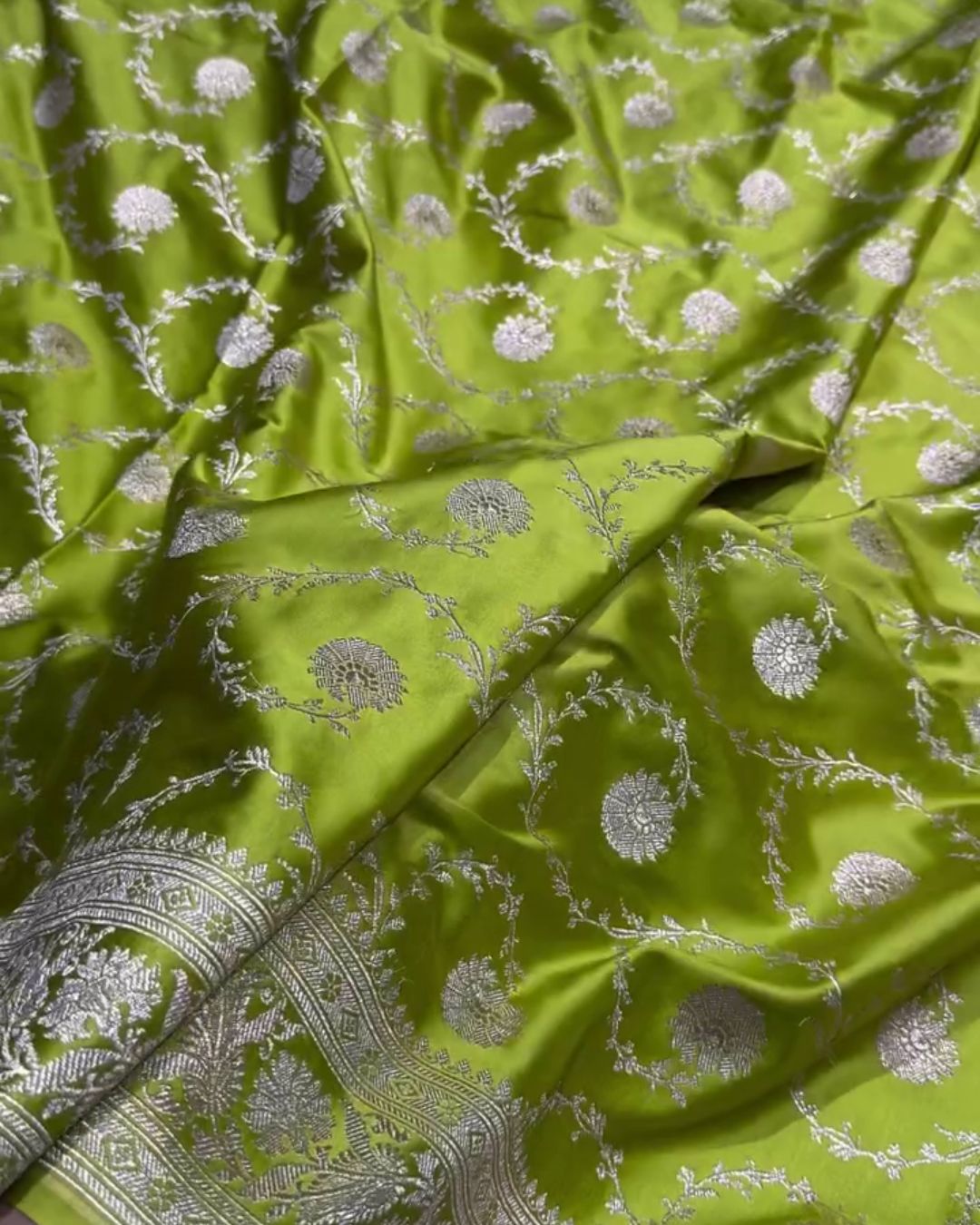 Mahasweta - Green Katan Silk Saree with Silver Zari Floral Jaal