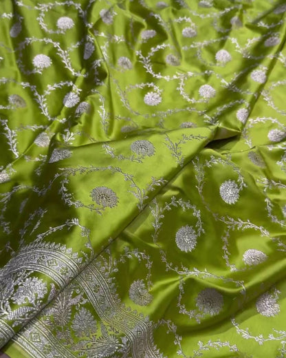 Mahasweta - Green Katan Silk Saree with Silver Zari Floral Jaal