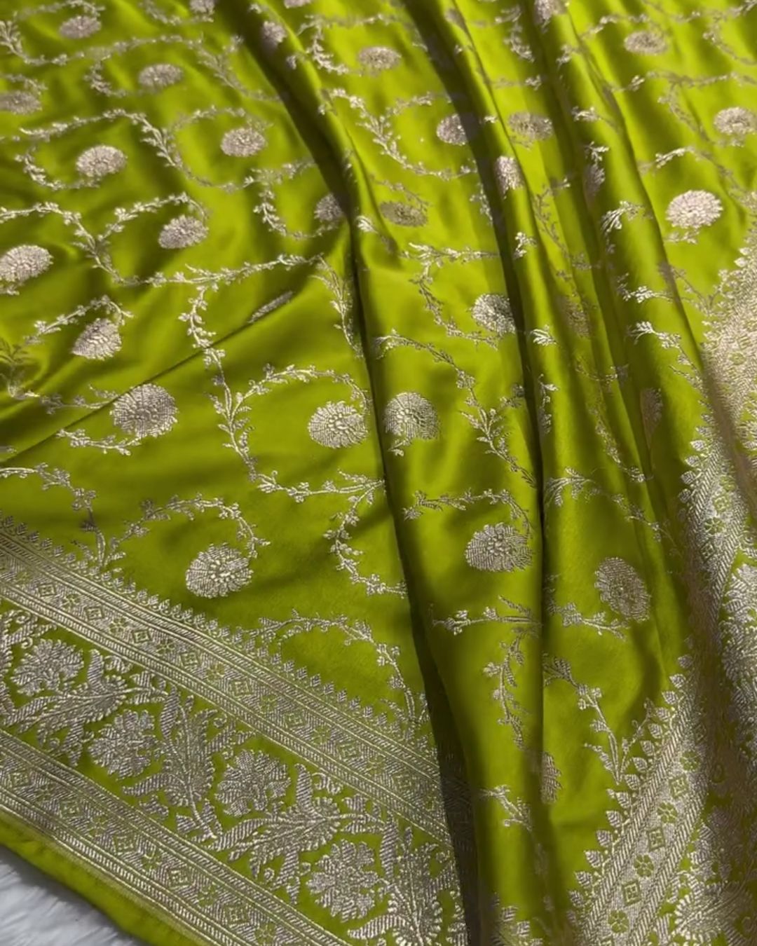 Mahasweta - Green Katan Silk Saree with Silver Zari Floral Jaal