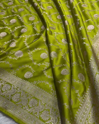 Mahasweta - Green Katan Silk Saree with Silver Zari Floral Jaal