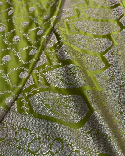 Mahasweta - Green Katan Silk Saree with Silver Zari Floral Jaal