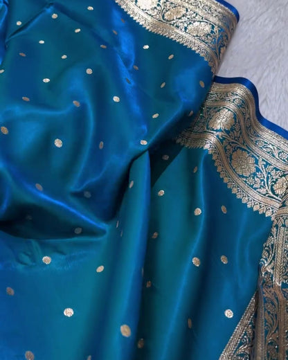 Mandakini - Blue Katan Silk Saree with Zari Boota and Floral Border