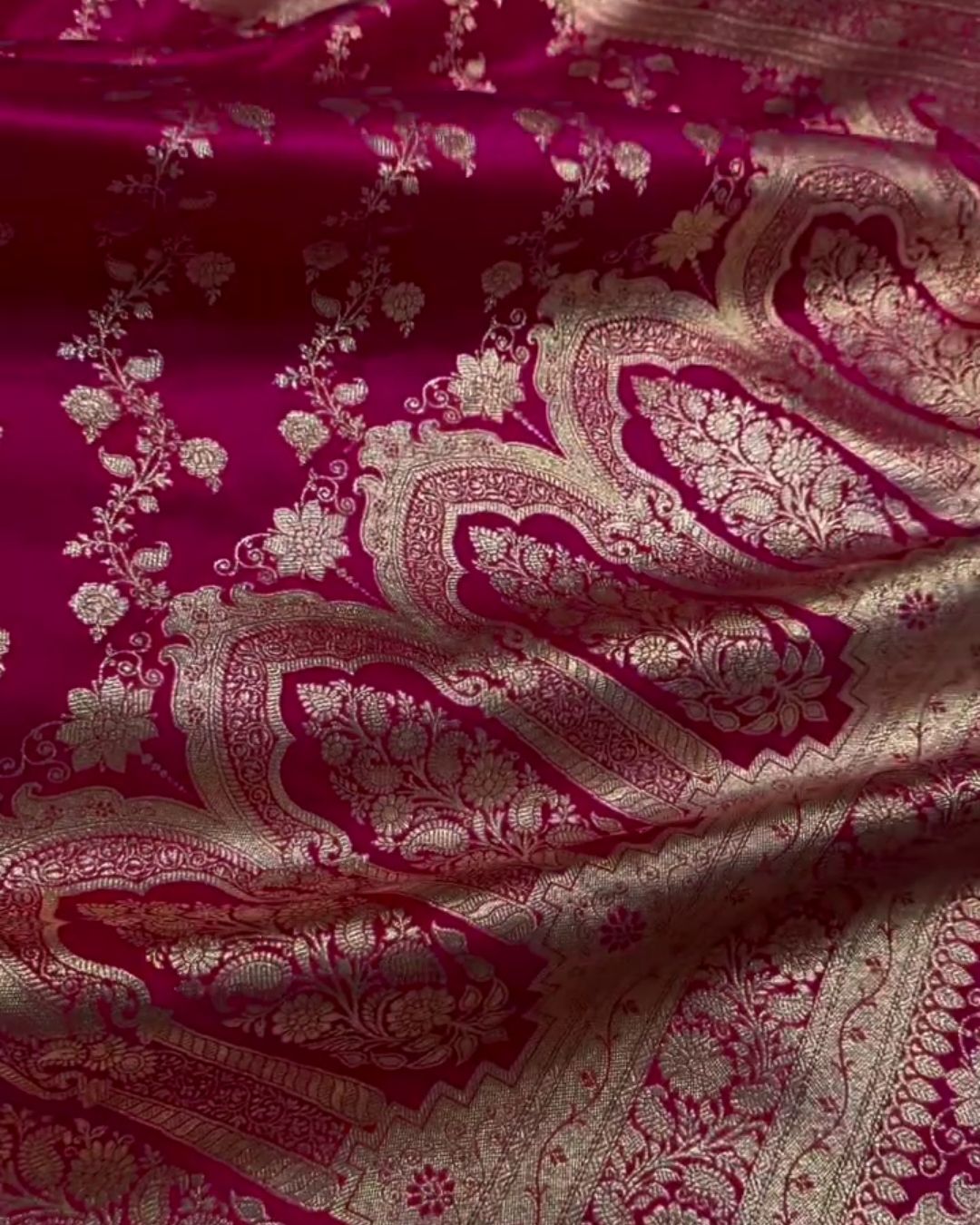 Manorama – Magenta Banarasi Satin Saree with Golden Zari Floral Weave