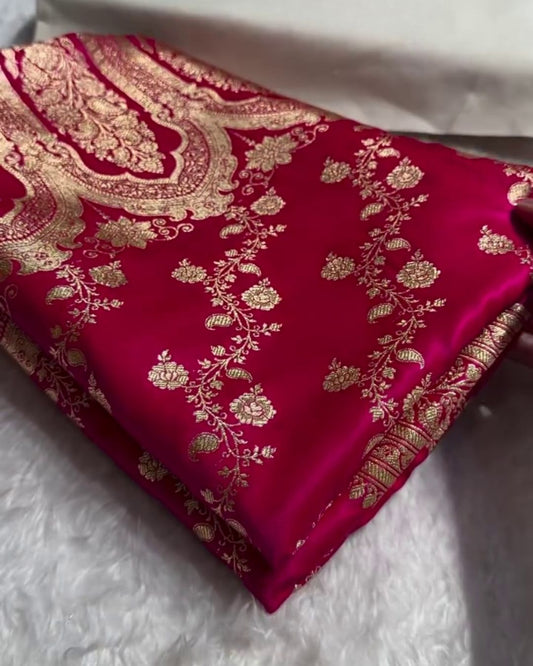 Manorama – Magenta Banarasi Satin Saree with Golden Zari Floral Weave