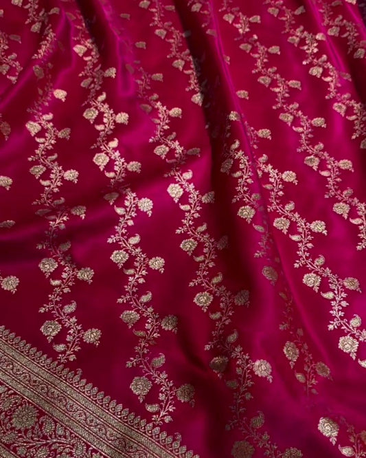 Manorama – Magenta Banarasi Satin Saree with Golden Zari Floral Weave