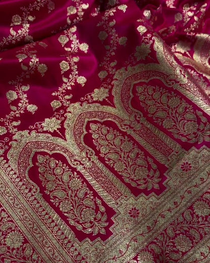 Manorama – Magenta Banarasi Satin Saree with Golden Zari Floral Weave